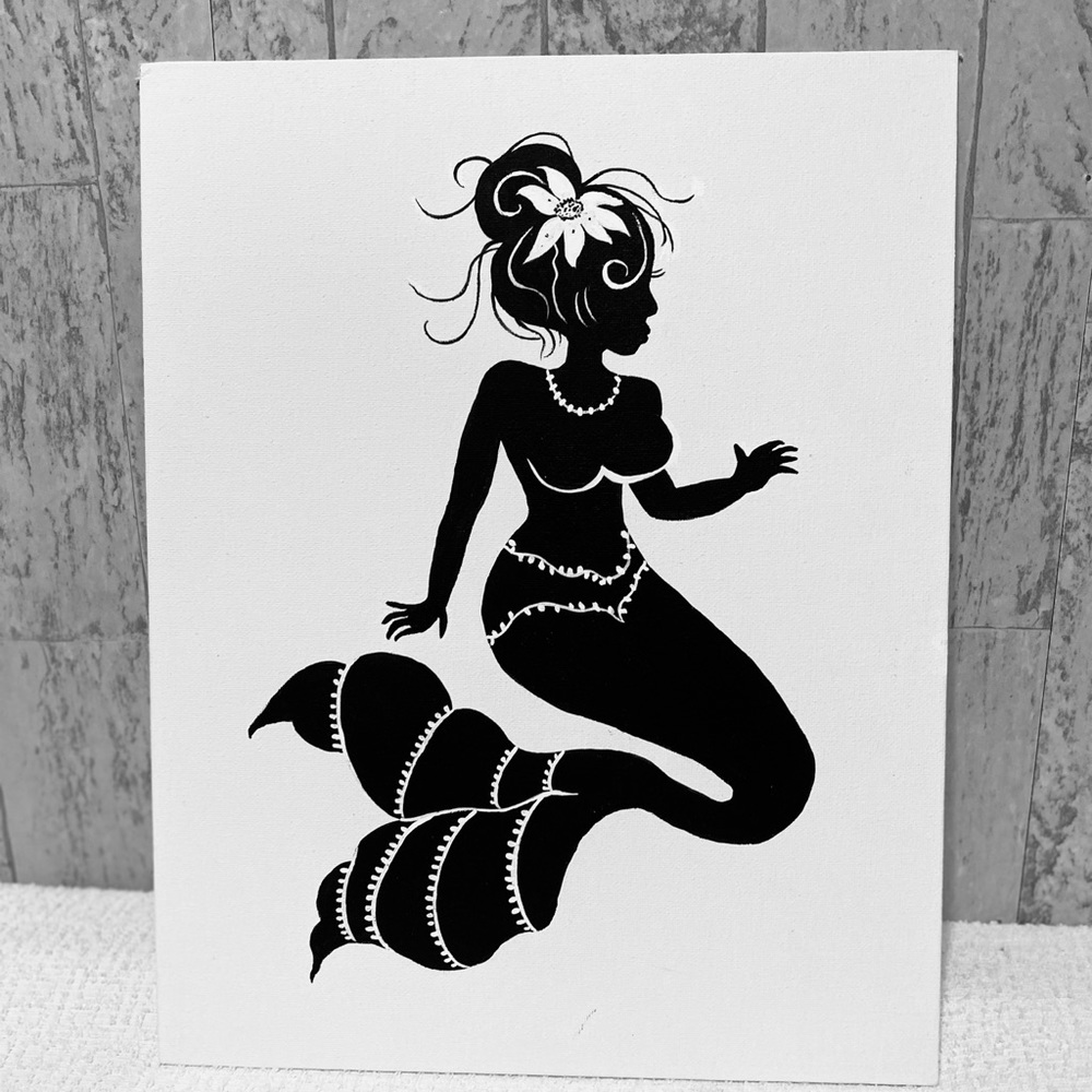 Mermaid hand crafted black silhouette acrylic painting 11X14” wall Art craft